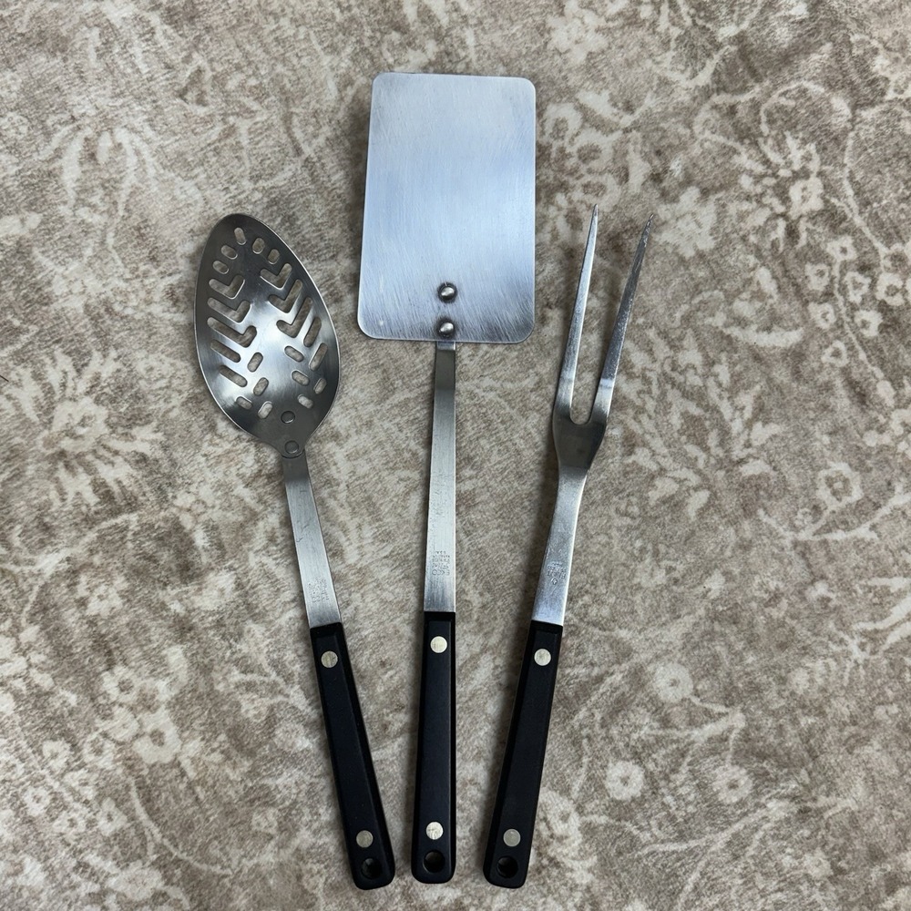 3 Vtg Ekco Flint Kitchen Utensils Stainless Steal USA Black Riveted Handles